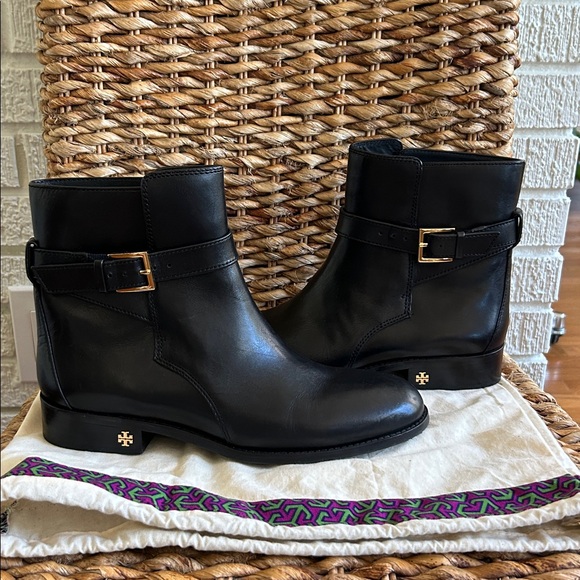 NWT- Tory Burch Black “Brooke” Ankle Booties with Gold Buckle - Picture 4 of 8